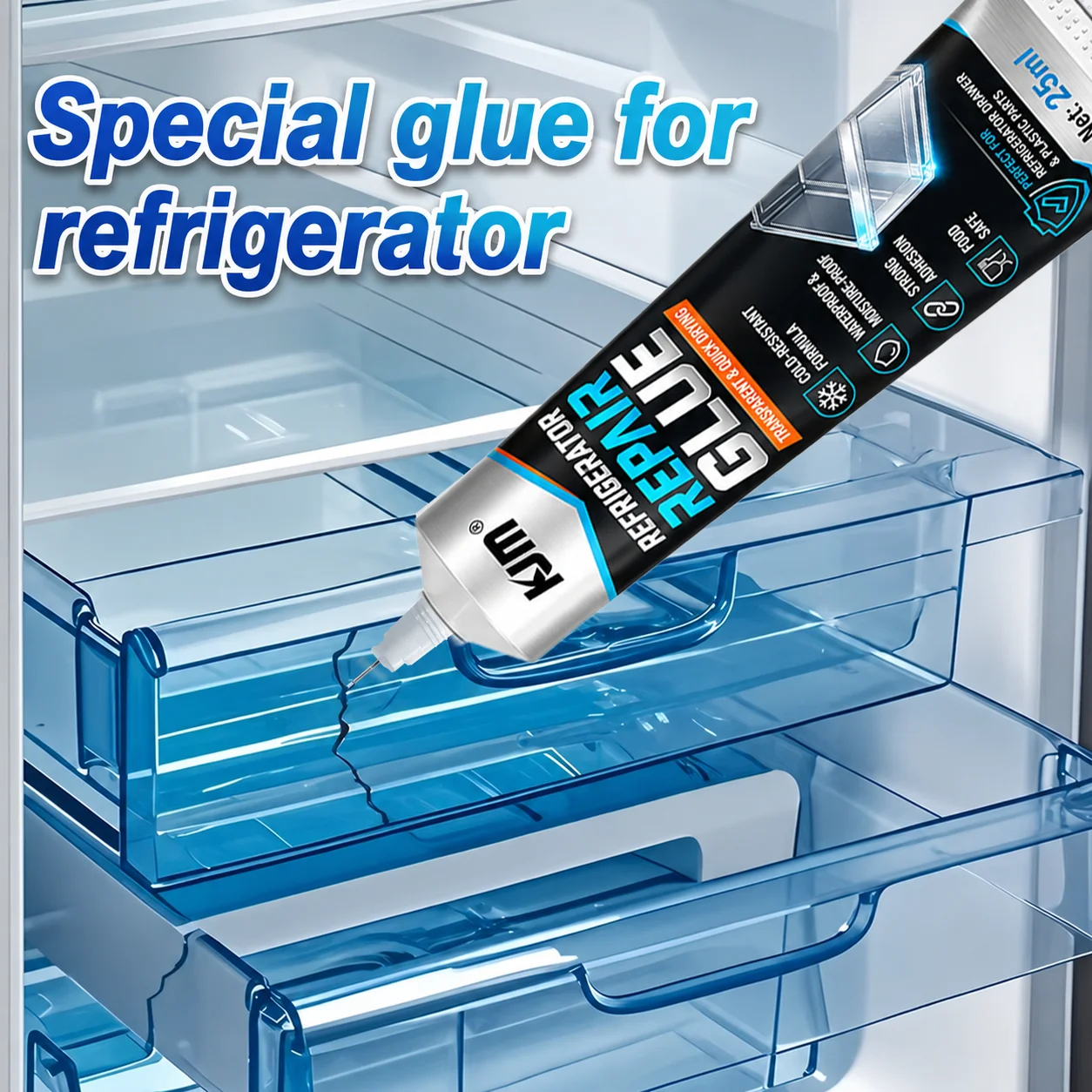 KJM Refrigerator Plastic Repair Adhesive Clear Fast Setting Glue For Freezer Drawer Shelf Crack Cold Proof Strong Bond