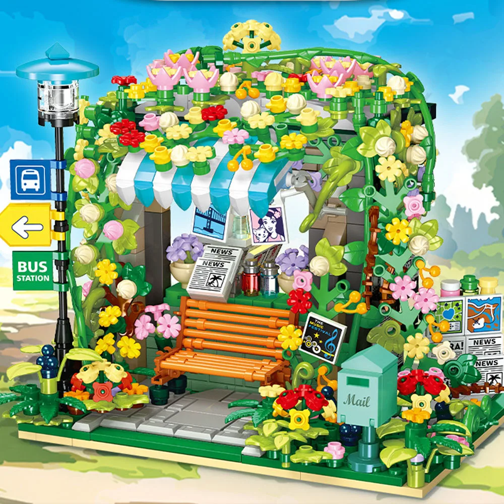 크리 에이 티브 꽃 세계 도시 스트리트 뷰 블록 키오스크 버스 정류장 건물 벽돌 건설 장난감 컬렉션 선물용 빛