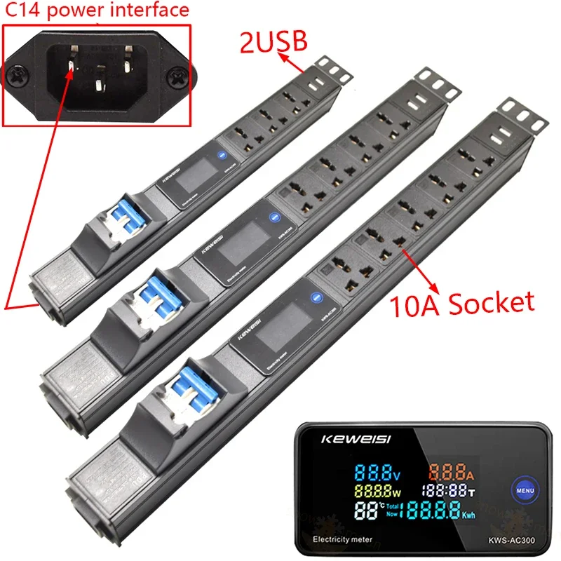 USB Power Strip Display Ammeter/voltmeter/power tester meter 2/3/4/5/6Ways Universal Socket IEC C14 Interface 16A Air Switch