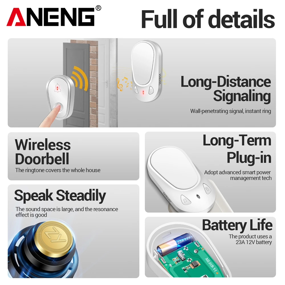 ANENG กริ่งประตูไร้สายอัจฉริยะรีโมท US Plug Reception เสียงสูง 4 เสียงปรับเสียงกริ่งสัญญาณเตือนความปลอดภัยโทรรับประตู