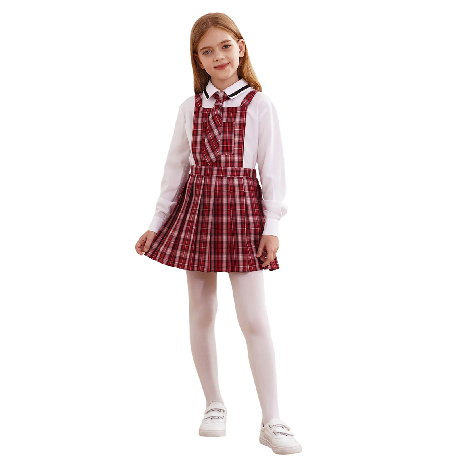 Traje de uniforme escolar plissado infantil, meninas Dance Performance, alças largas, xadrez, vestido geral plissado com gravata, manga longa,