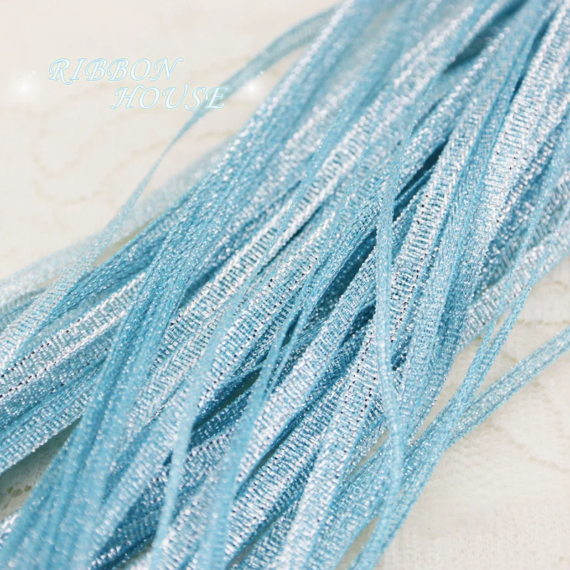 (40 meters/lot) 1/8'' (3mm) Sky Blue Metallic Glitter Ribbon Colorful gift package ribbons wholesale