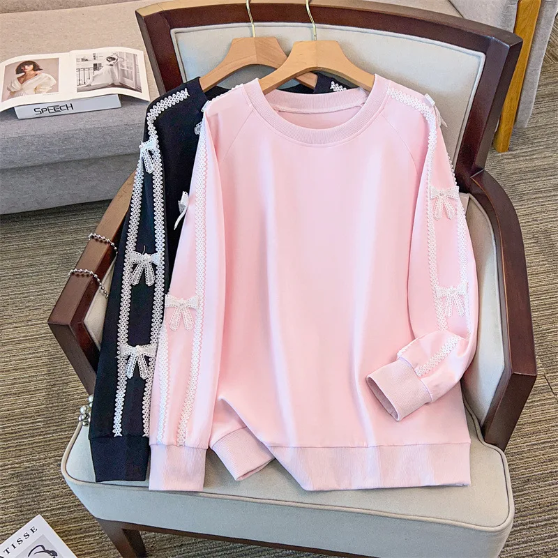 

175 кг плюс размер, женский бюст 170, осенний свободный свитшот с круглым вырезом и длинными рукавами, кружевной бант, черный, розовый, 4XL, 5XL, 6XL, 7XL, 8XL, 9XL