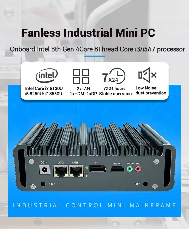 كمبيوتر مكتبي صغير بدون مروحة يدعم 4K i7-8550U 4 النوى RJ45 COM Linux Firewall كمبيوتر صناعي صغير i5-8250U 4G Dual LAN