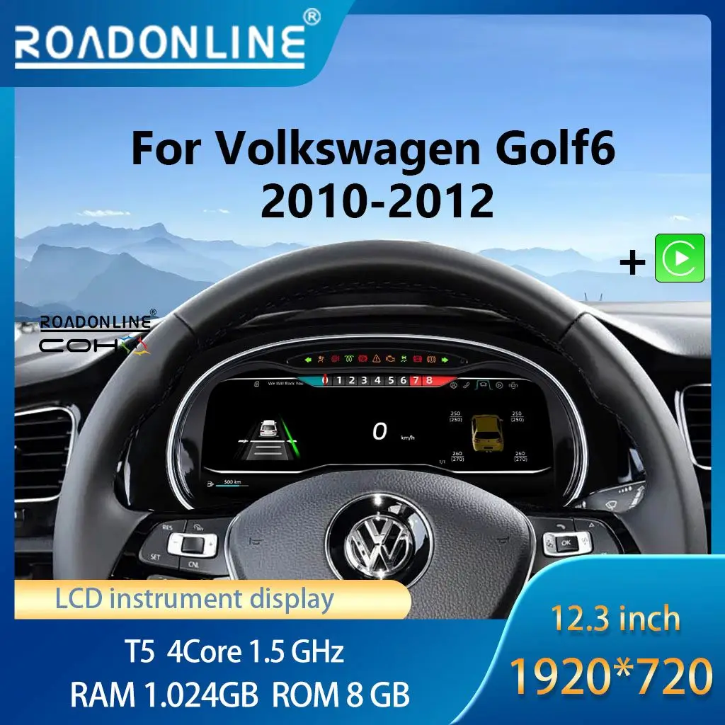 12.3 Inch HD LCD Digital Dashboard for Volkswagen Golf 6 2010-2012, Virtual Cockpit Speedometer with CarPlay