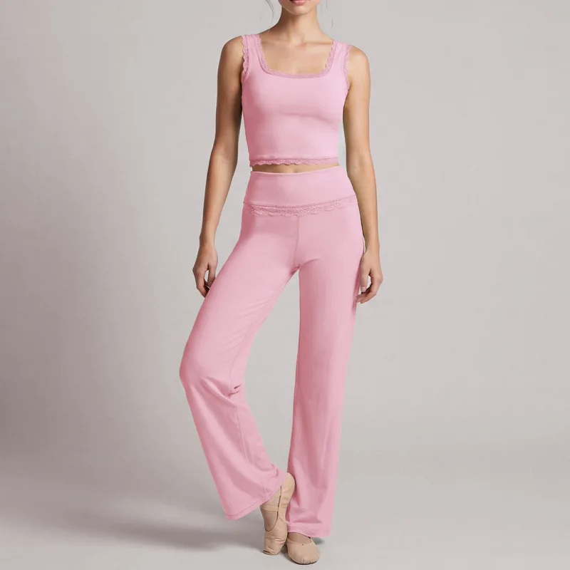 SVETLIN EU US Size High Quality Sports Yoga Wear Set Outfit Lace-Trim Sports Gym Wide-Leg Pants Two-Piece Set For Dance Training view 3