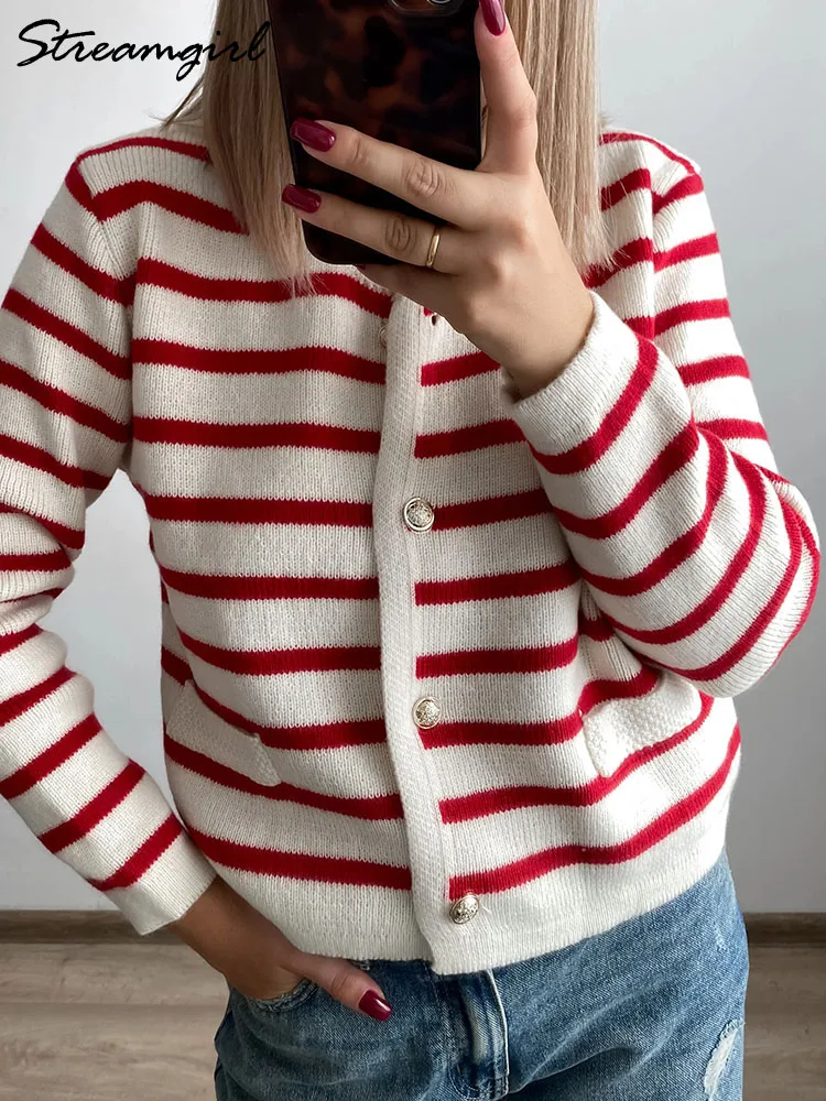 Autumn Short Cardigan For Women Knitted Striped Jackets Loose O Neck Knit Coats Black And White Stripe Women Cardigans Sweater