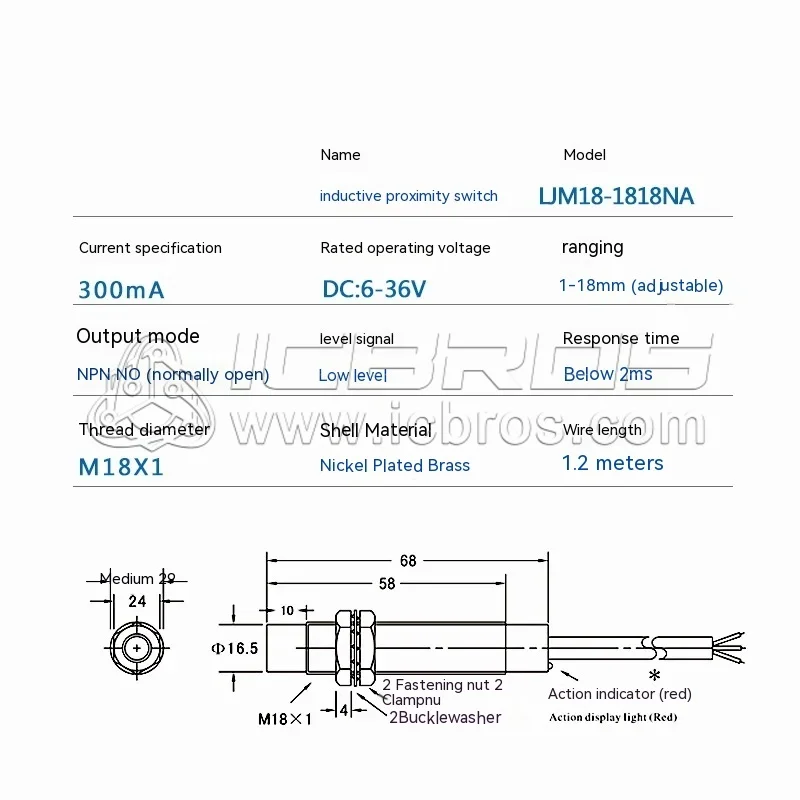 LJM18 M18 Long Distance Proximity Switch LJM18-1818NA Metal Induction Sensor NPN Three Wire 24V LJM18-1808YA LJM18-1808NB