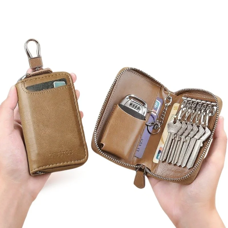 Retro-style leather zipper key bag available in 4 colors, multi-functional key bag for commuting and portable key storage