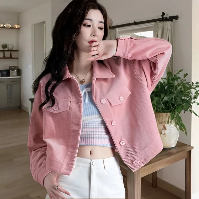 

2025Spring Autumn New Seasons Versatile Corduroy Shirt Women's Design Feeling Small and Unique Short Coat Female Tops Pink Retro
