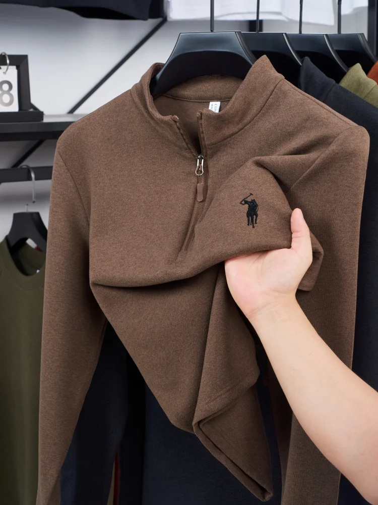 أزياء الخريف والشتاء الجديدة المخملية على الوجهين الدافئة والمريحة تي شيرت الرجال العلامة التجارية الرائعة بول التطريز كم طويل