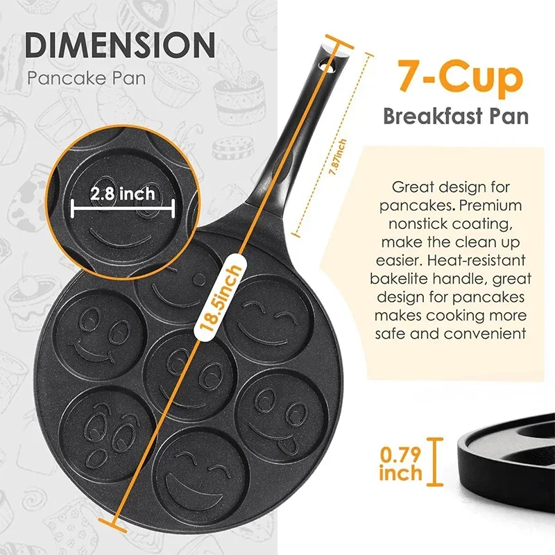 Smiley Face Pancake Pan 100% Non-stick Griddle Pancake Maker with 7 Unique Faces for Breakfast Magic