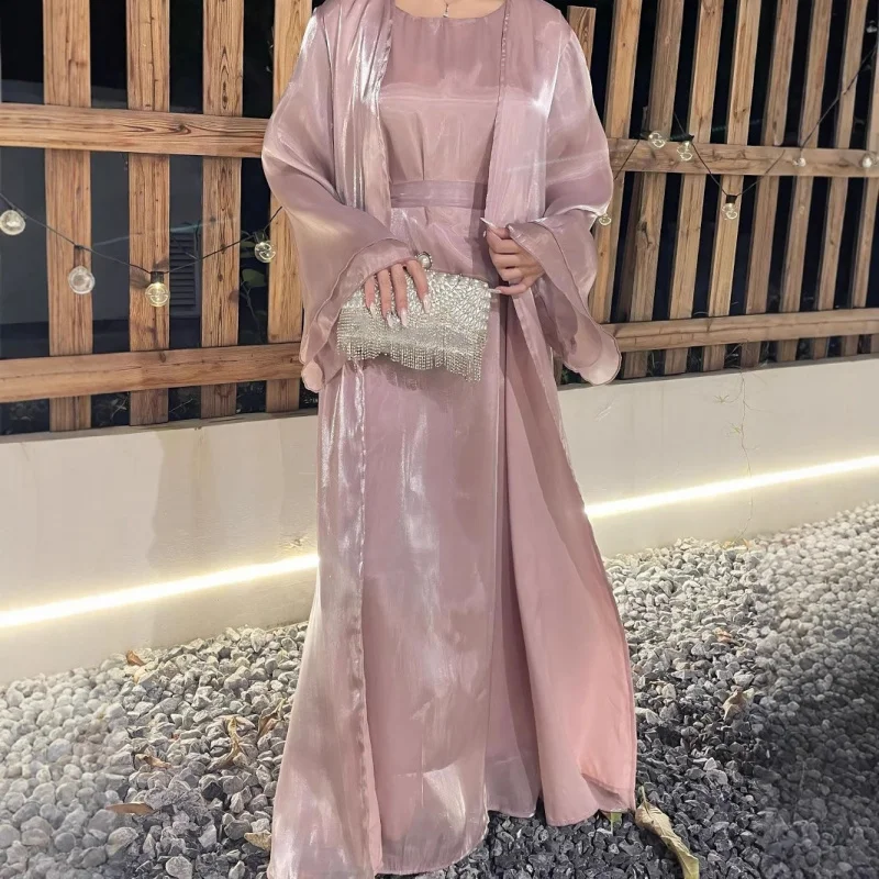 

Women's Muslim Clothing Long Dress Two-Piece Set Shiny Silk Robe Dress