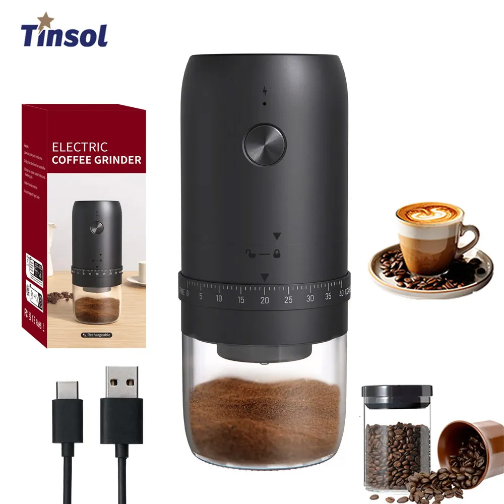 

TINSOL Портативная электрическая кофемолка для кофейных зерен, 40 уровней, внешняя регулируемая перезаряжаемая мини-кофемашина 1800 мАч для домашнего использования