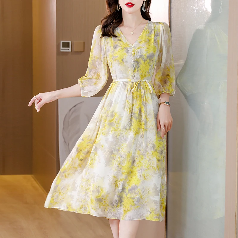 

Summer Print Silk Satin Luxury Midi Dress Women Short Sleeve Elegant Bodycon Party Dress Korean Vintage Casual Night Dress