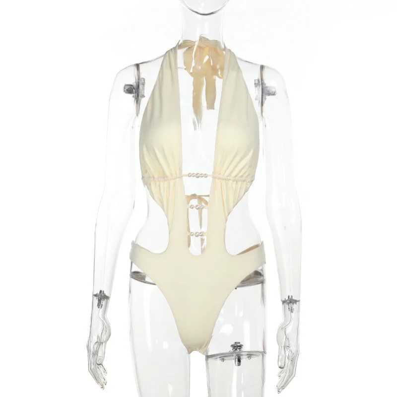 Summer New European and American Style Fashion Trend Beads Hollow Hot Spring Swimming Neck Comfortable Onesie Cw40227