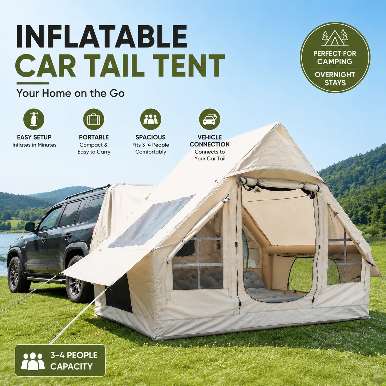 Inflatable Car Rear Tents with Hand Pump,Air Glamping Car Tent,4 Person Blow up Tent,air SUV Cabin Tent with Mesh Window
