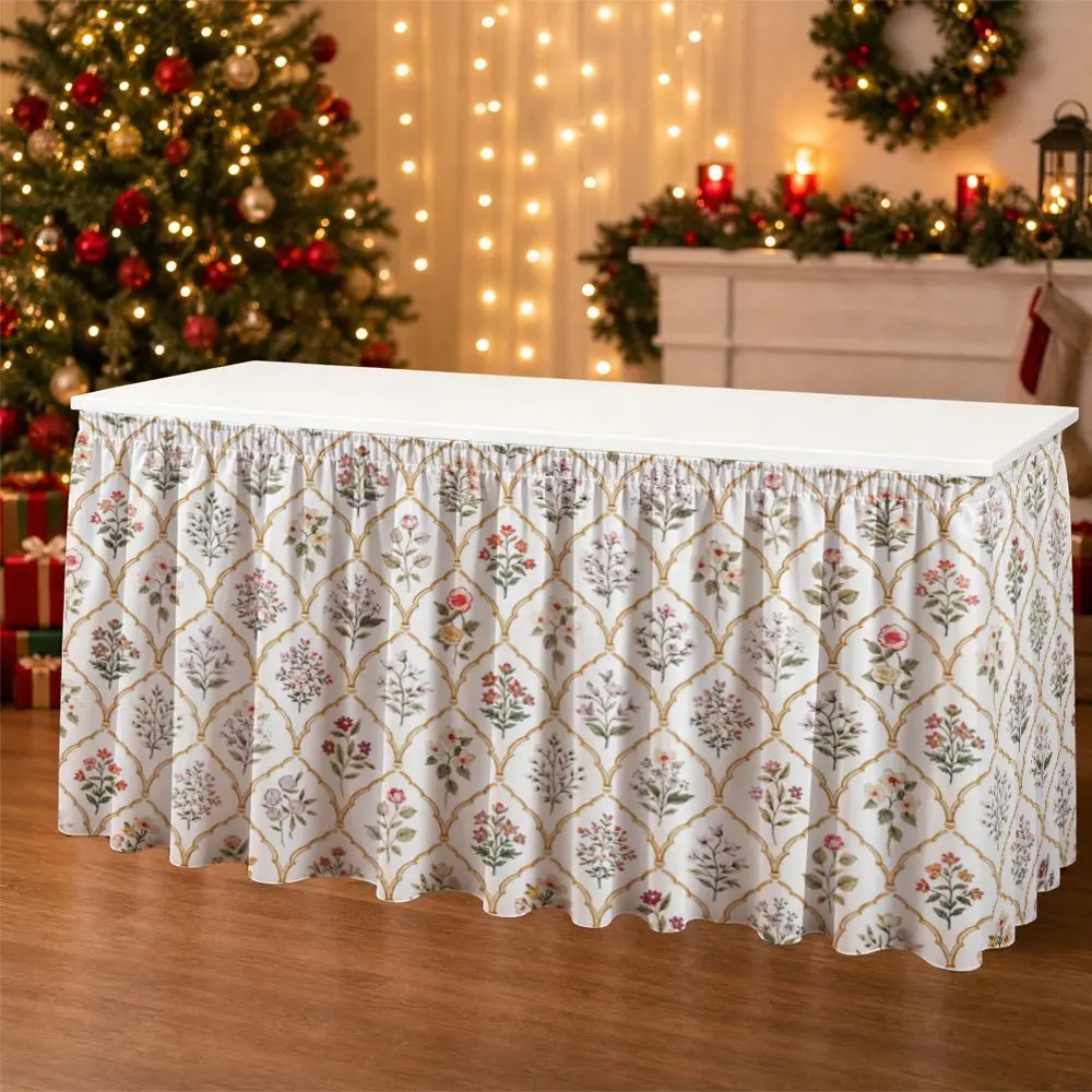 One-piece table skirt decoration - white background with floral and plant patterns, with ruffled edges.