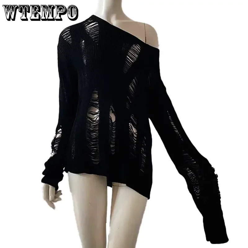 Knitted Broken Sweater Women Black Gothic Pull Pullover Loose Hollow Out Ripped Jumper Sexy See Through Thin Long Sleeve Top