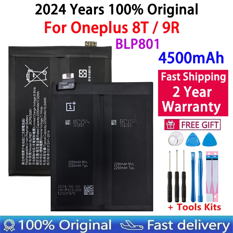 

2024 Years Original New High Quality One plus BLP801 Phone Battery For Oneplus 8T / 9R 4500mAh Replacement Batteries Bateria