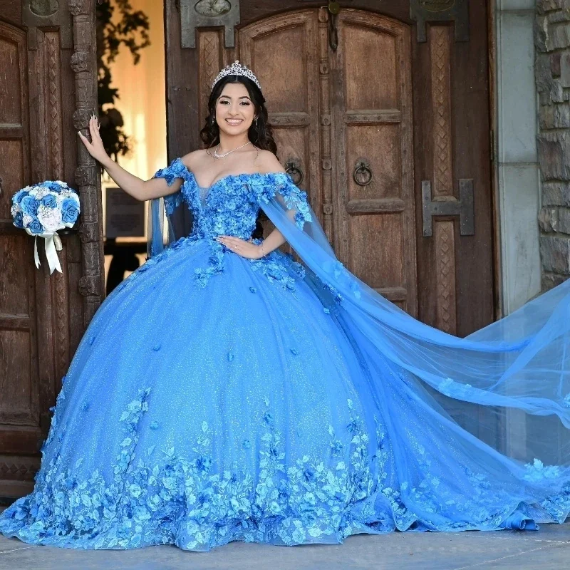 

Sky Blue Shiny Quinceanera Dresses Princess Sweet 16 Years Girl Birthday Party Dresses Appliques Lace Beads With Cape Vestidos15