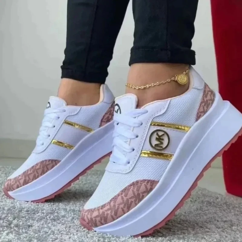 2024 sapatos vulcanizados femininos moda tênis rendas-up respirável esportes cunha salto de sola grossa tênis de corrida feminino