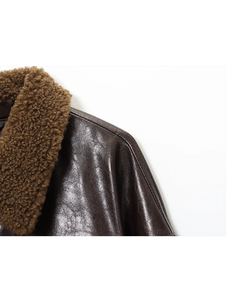 TFMLN Winter Faux Leder Jacken für Frauen Pelz Kragen Multi-Tasche PU Leder Gürtel Mantel Casual Solide Lose Outwear weibliche Neue