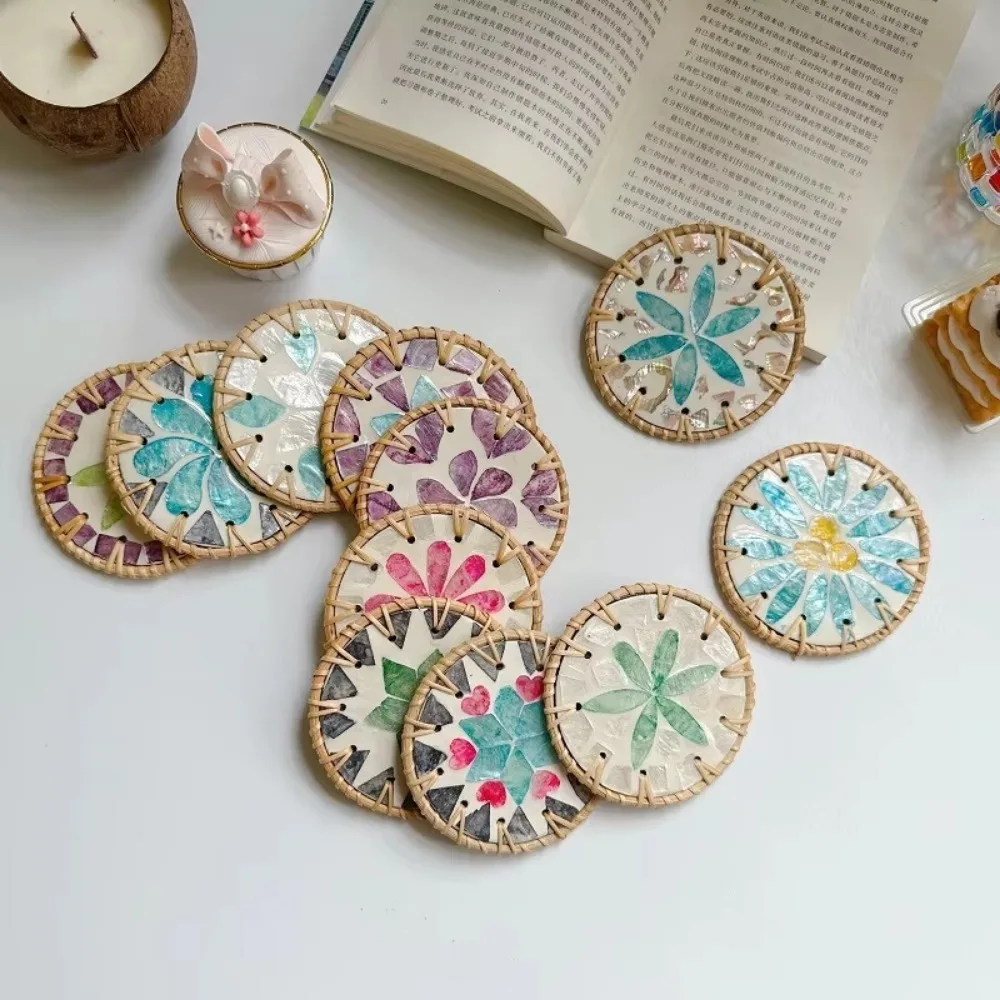 New 10cm Rattan Coaster Colorful Handmade Shell Cup Mat Round Heat Resistant Mug Placemat For Coffee Tea Hot Drink