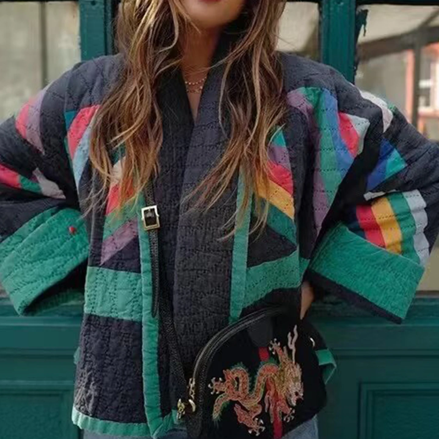 Faionable Kleur Blo ort Gedrukt Jaet Dames Casual Veelzijdige Bovenkleding Herfst 2025, Z Pendelen Loose Fit Lange Sve