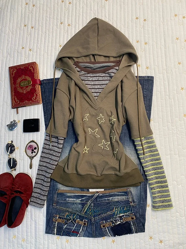 

Оригинальная толстовка цвета хаки с капюшоном, пэчворк, ранняя весна, винтажный ретро-стиль, женский топ, облегающий крой, длинный рукав, хлопковая смесь, толстовка с капюшоном