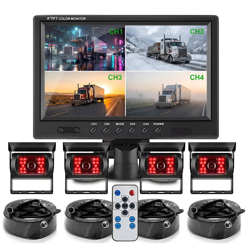9'' HD 4CH 4 Split Screen Backup Camera System Reverse parking Rear View Cameras Waterproof IR Night Vision for Truck RV Trailer
