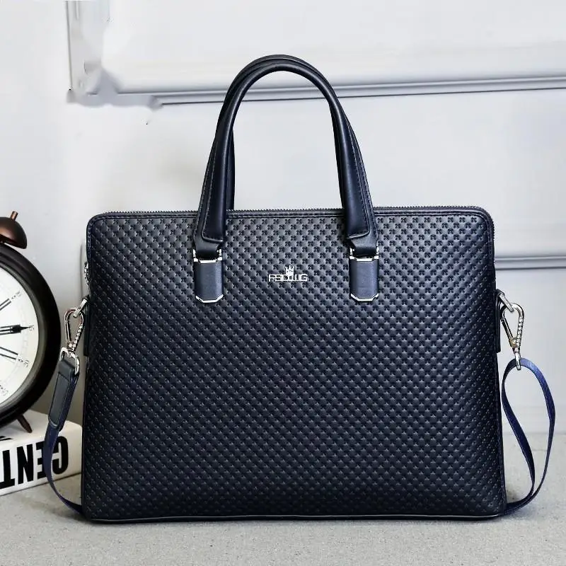 Briefcase Embossed Cross Pattern Men's Handheld Business Shoulder Crossbody Messenger Luxury Brief Genuine Leather Men Bag