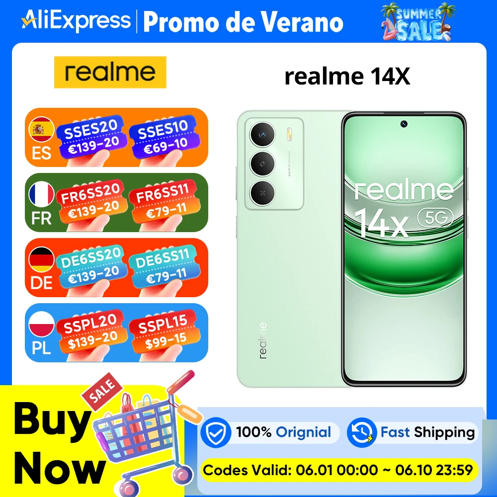 Realme – Smartphone 14X 5G, Version mondiale, jeu de puces 6300 5G, affichage du confort oculaire 120Hz, caméra AI 50mp, batterie 5000mAh IP64