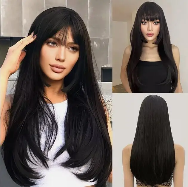 

Black Synthetic Hair Bangs Long Straight Wig for Women