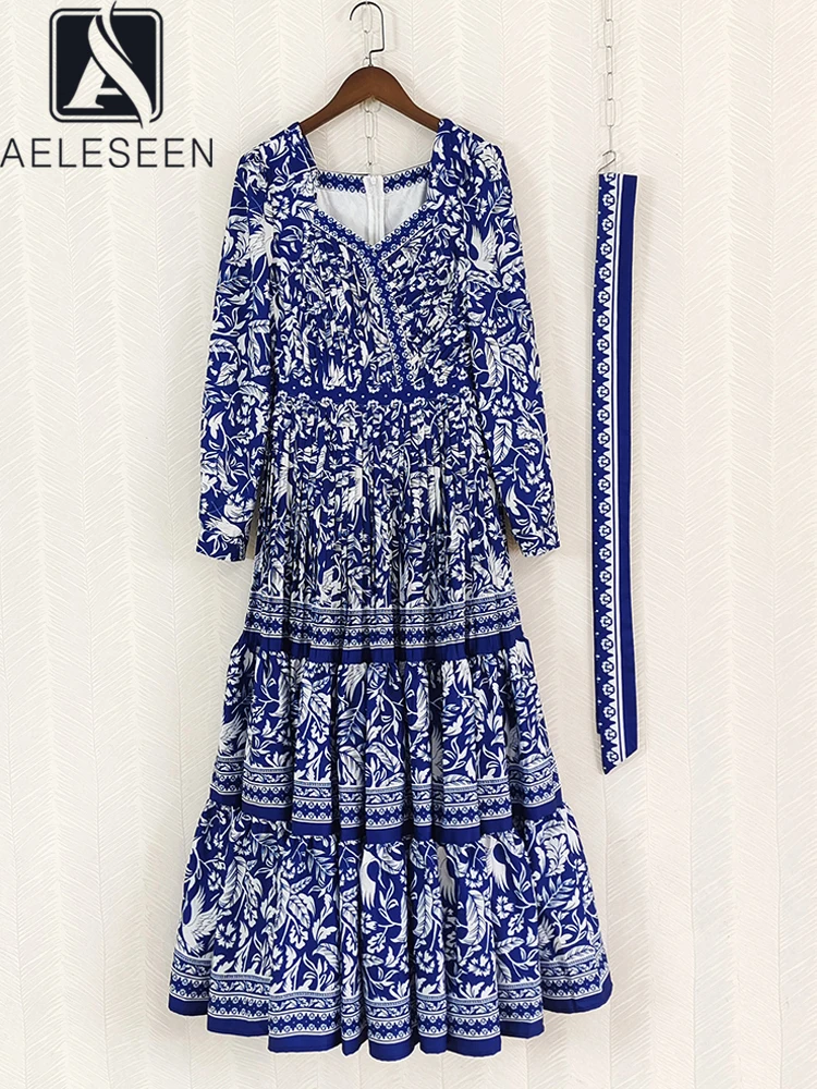 

AELESEEN Runway Fashion Autumn Winter Dress Women V-Neck Blue Flower Print Pleated Belt Elegant Long Party Holiday