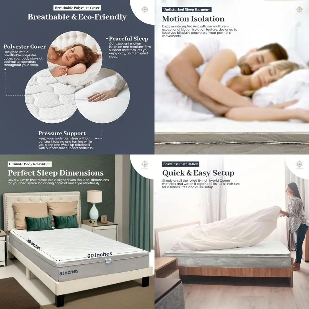 8 Colchón híbrido Queen Cool Foam y Spring con funda de algodón orgánico - Parte superior acolchada - Caja enrollada - Oliver & Smith
