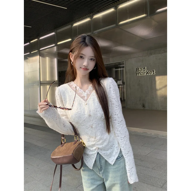 

Women's Beige Lace Long-sleeve Blouse Tops Sheer Slit Crocheted Cutout Base Layer Autumn Chic Korean Office Commuting Outfits
