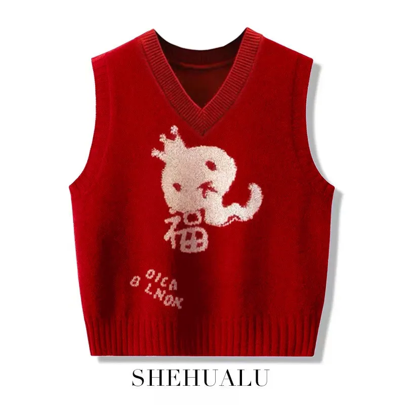 Red Knitted Sweater Vest Women's Winter Christmas Layering Base Layer Top V-neck Regular Thickness Warmth Medium
