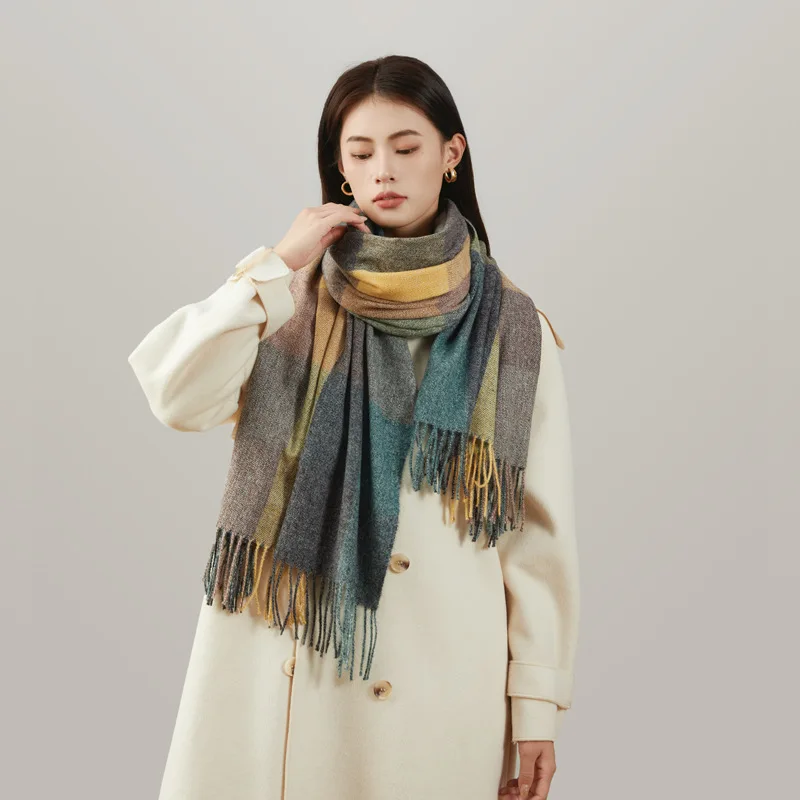 14 Colors Winter Imitation Cashmere Scarf Plaid Versatile Color Matching Neck Scarf Thickened Warm Outdoor Snowy Tassel Scarf