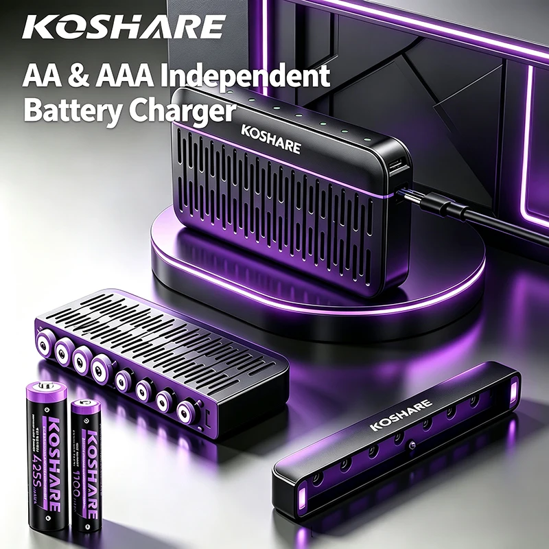 KOSHARE AA AAA Rechargeable Batteries With 8 Slot LED Smart Battery Charger 1.5V High Capacity 4255mWh 1100mWh Lithium Battery