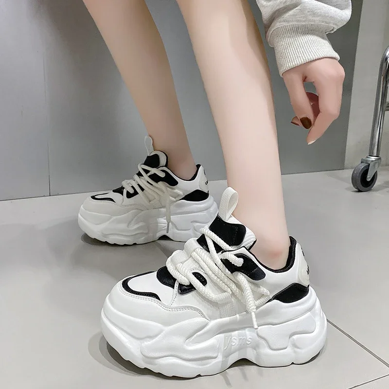 New Fashion High Platform Sneakers Women Spring Autumn Lace Up Comfort Ventilate Wedges Height Increasing Shoes Footwear