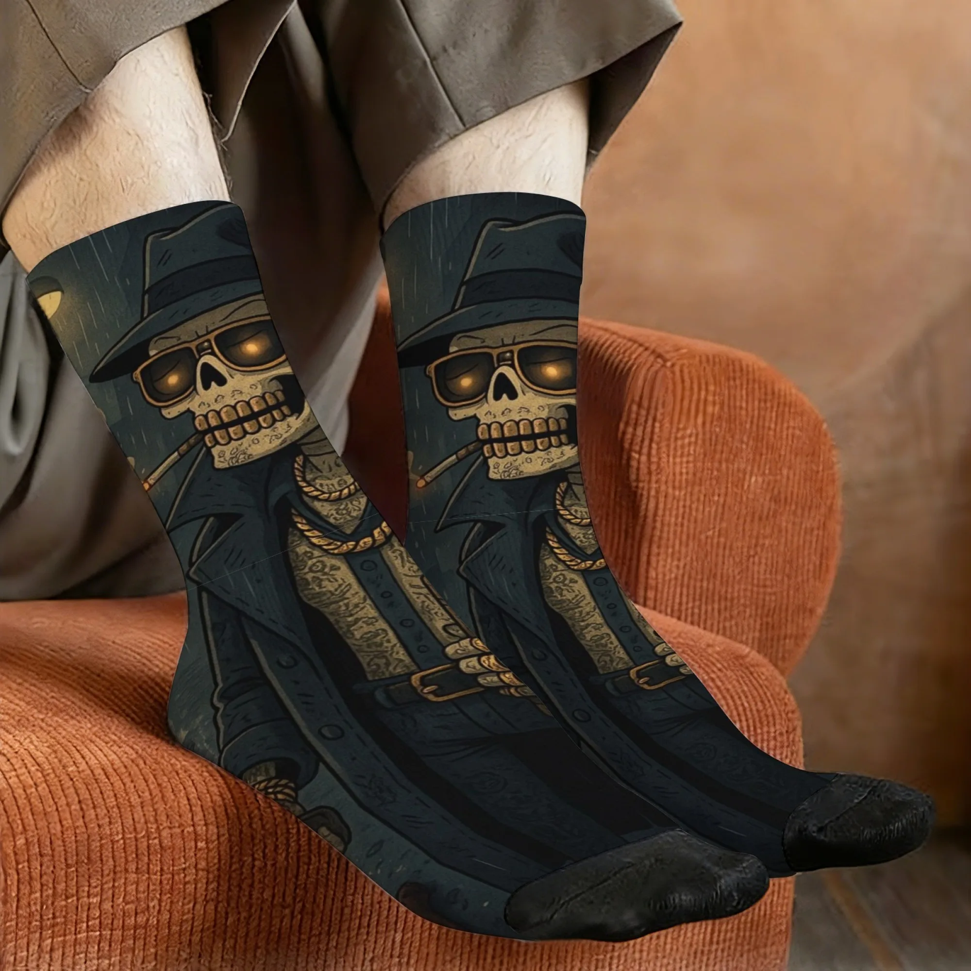 Dunkle Retro-Skelett-Gentleman-Crew-Socken, Gangster Vintage dunkle elegante Print-Socken, Geschenk für Vintage-Gangster-Fans