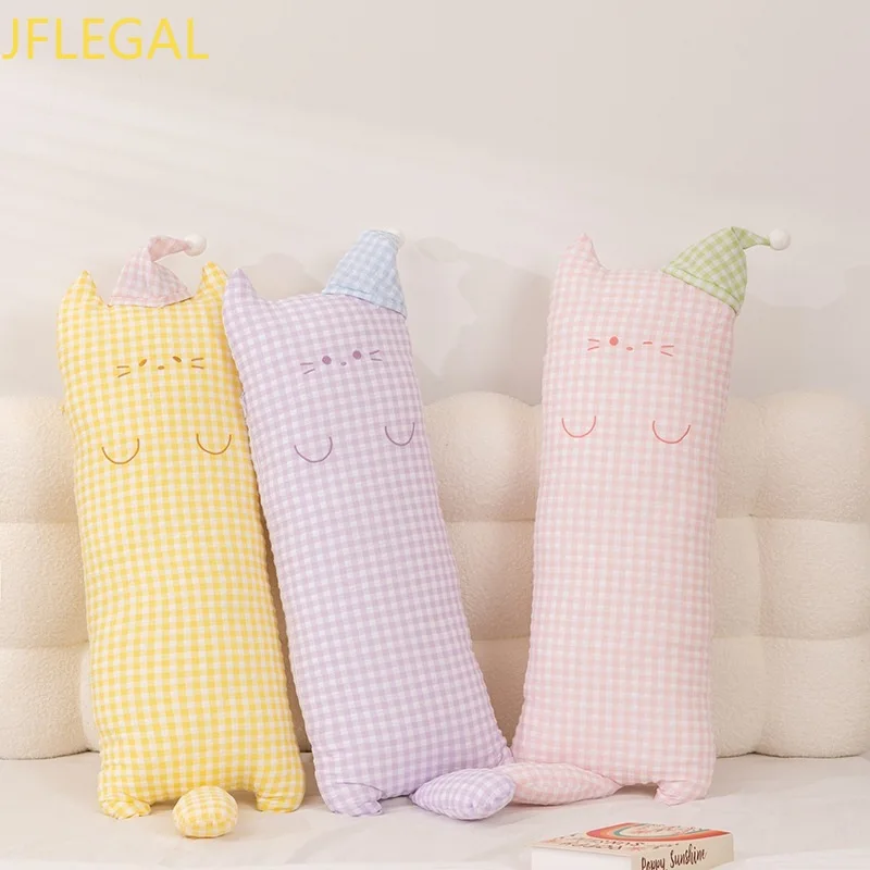 Cute Cat Long Throw Pillow Plaid Checkered Cartoon Body Pillow Soft Cotton Linen Sleep Hugging Pillow for Kid Bedroom Home Decor