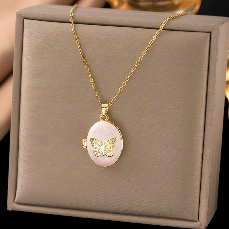 ANENJERY 316L Stainless Steel Flower Butterfly Star Oval Geometry Pendantt Necklace For Women Temperament Jewelry Gift Wholesale