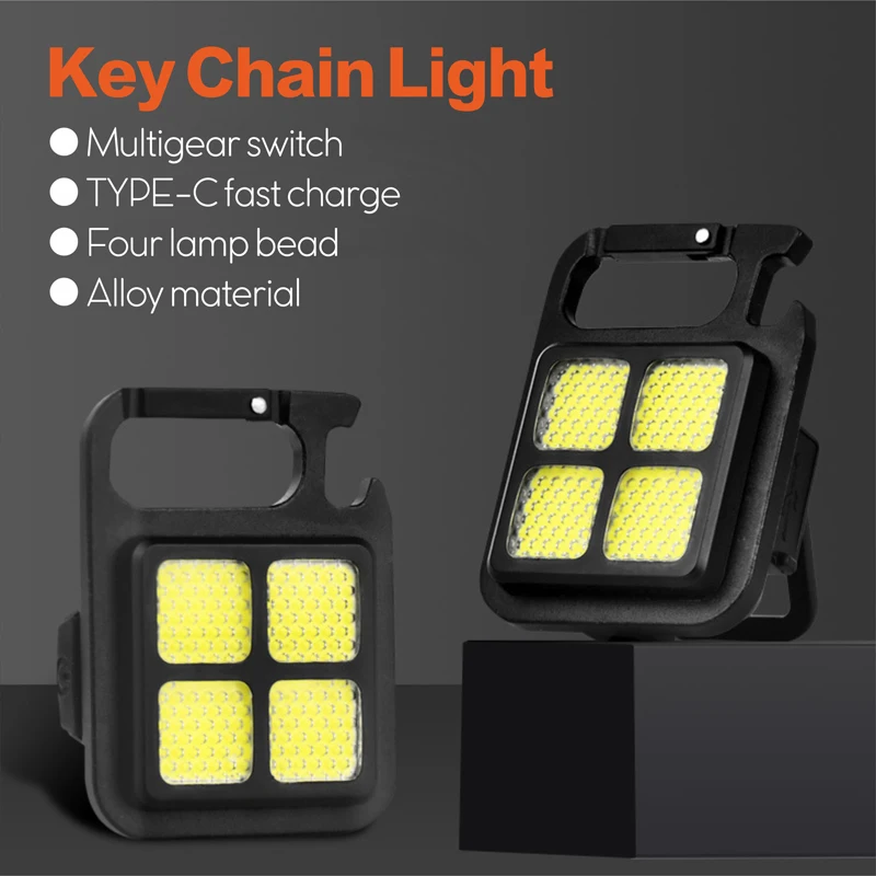 Portátil Mini LED Keychain Lanterna, USB recarregável, COB Trabalhando Luz, ao ar livre, Emergência, Camping, Saca-rolhas, Pesca