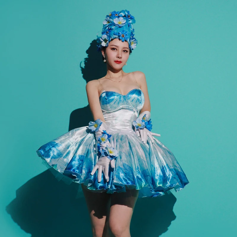 4 Kolory Puszysta Sukienka Kwiatowa Ozdoba na Głowę Damska Impreza Klub Nocny DJ Gogo Odzież Festiwalowy Strój Sceniczny Kostium Drag Queen XS6012