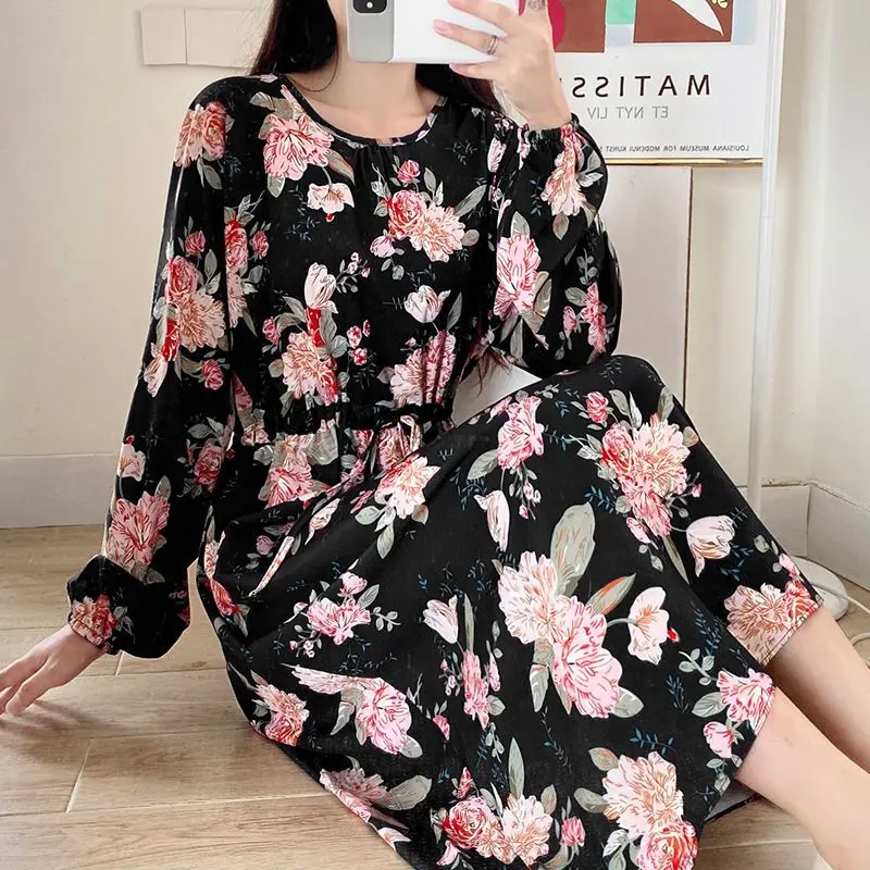 

Vintage Printed O-Neck Chiffon Shirring Bandage Bow Midi Dress Women's Clothing 2023 Autumn New Loose Office Lady Floral Dress