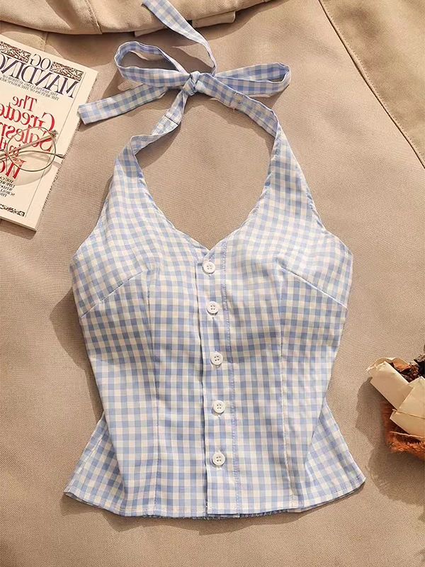 Summer 2026 Women's Plaid Hanging Neck Strap Vest Short Sleeveless Top Inner Match Beautiful Back Sexy Girl Outdoor Wear