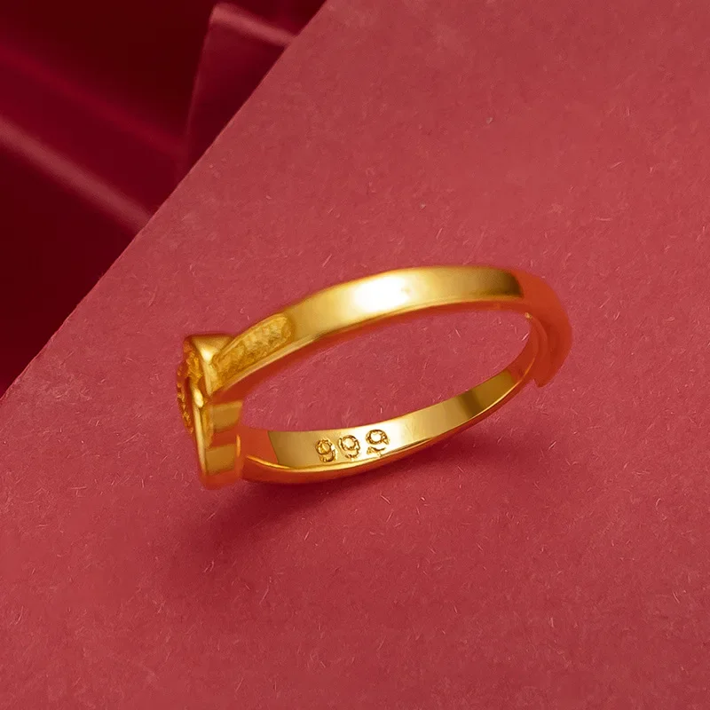 

9999 Real Gold 24K Gold Double Heart Women's Ring, Volume Ring, Japan and Korea Fashion Open Women's Love Ring