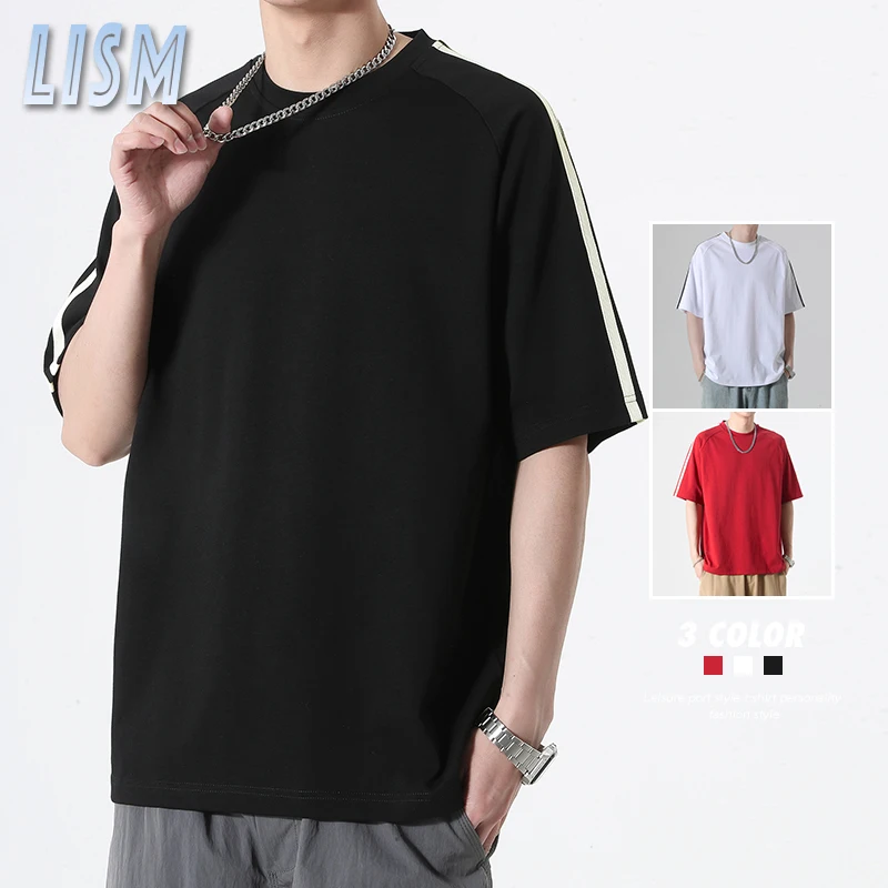 Summer Casual Loose Short Sleeved T-shirt Men's Fashion Oversized Patchwork Striped Tshirts Solid Half Sleeve Hip Hop Tee Top